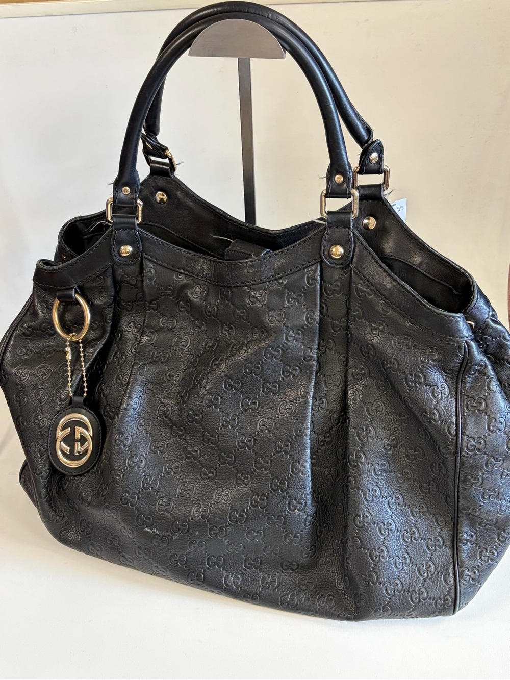Gucci Black Embossed GG Leather Tote with Gold Hardware